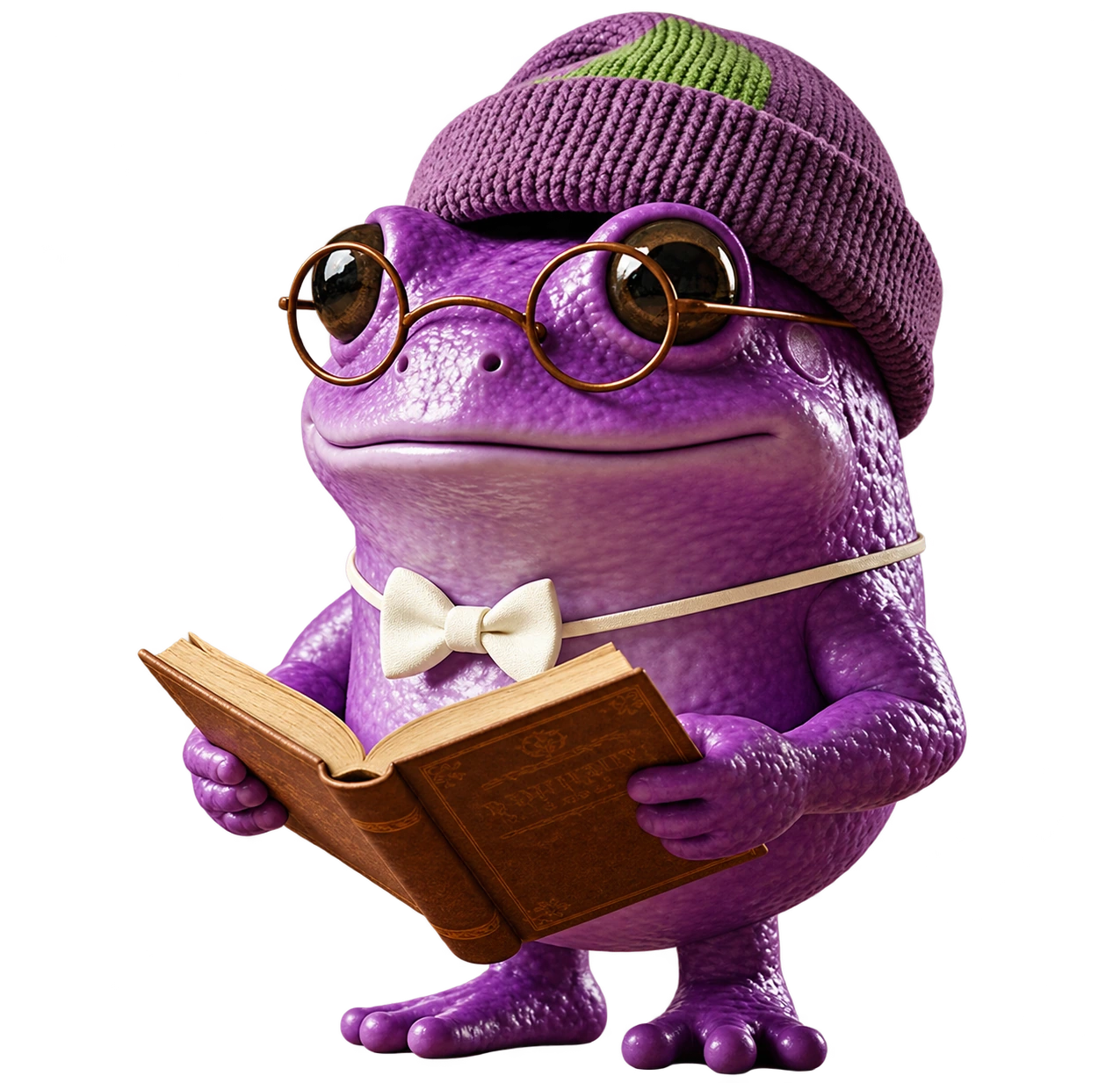Lex, the original purple BeatAI gecko with glasses, knitted cap, bow tie and book